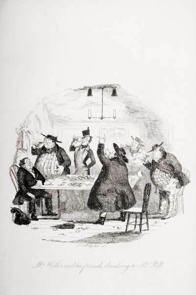Mr. Weller und seine Freunde trinken auf Mr. Pell, Illustration aus 